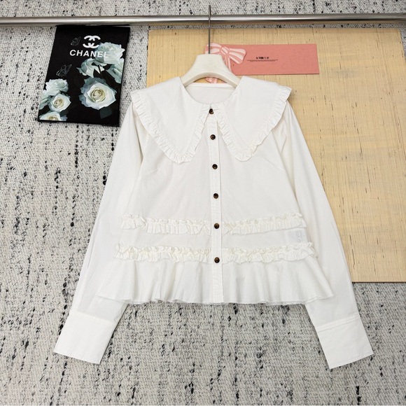 Ganni White Ruffled Button-Down Shirt - Picture 1 of 8